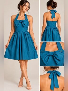 Hitherto Anthropologie Teal blue Strapless Bow Front Fit Flare Dress size 0